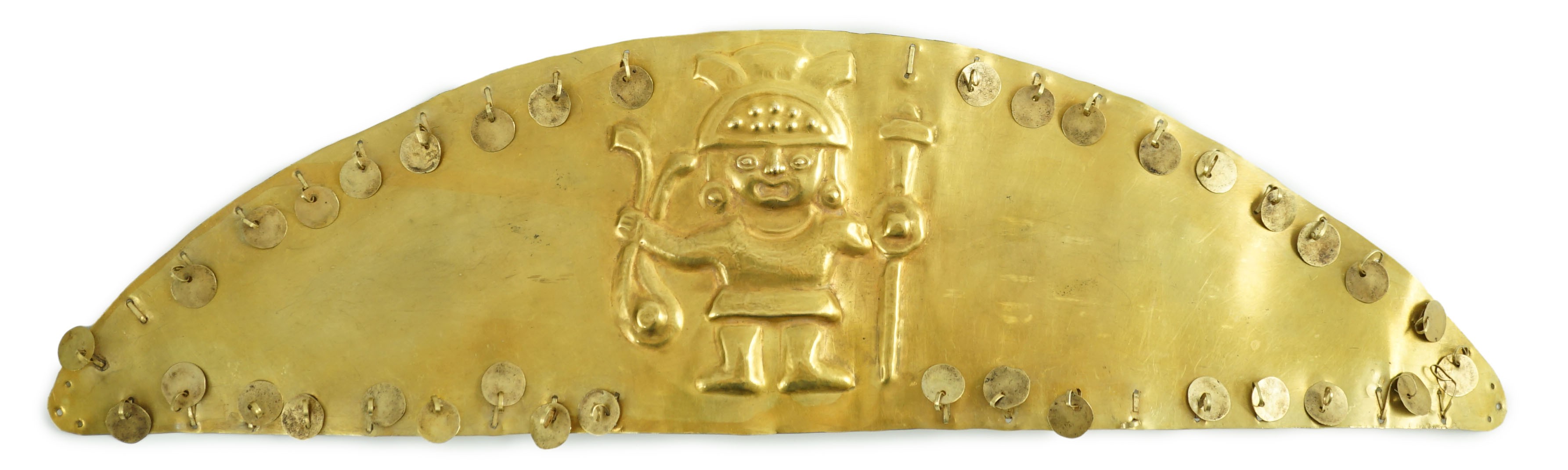 A rare pre-Columbian sheet gold headdress or breast plate, possibly Moche culture, Northern Peru, A.D. 200 - 850, 36cm wide 9.7cm high, weight 130g